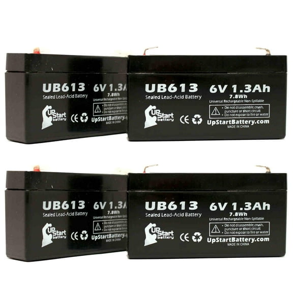 4x Pack - Compatible TORK 61 Battery - Replacement UB613 Universal Sealed Lead Acid Battery (6V 1.3Ah, 1300mAh, F1 Terminal, AGM, SLA) - Includes 8 F1 to F2 Terminal Adapters