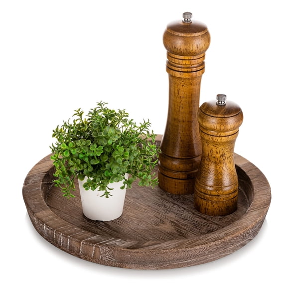 Hanobe Decorative Candle Holder Plate Tray: Round Wooden Farmhouse Coffee Table Trays Centerpiece Decor (Distressed)