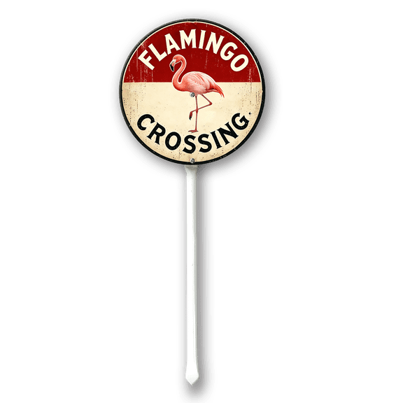 Eveokoki Flamingo Crossing Sign With Stake For Neighborhoods Yard Farm Aluminium Caution 9.2x9.2inch Round Farm Decorations Yard Lawn Walkway Decorations Animal Signs