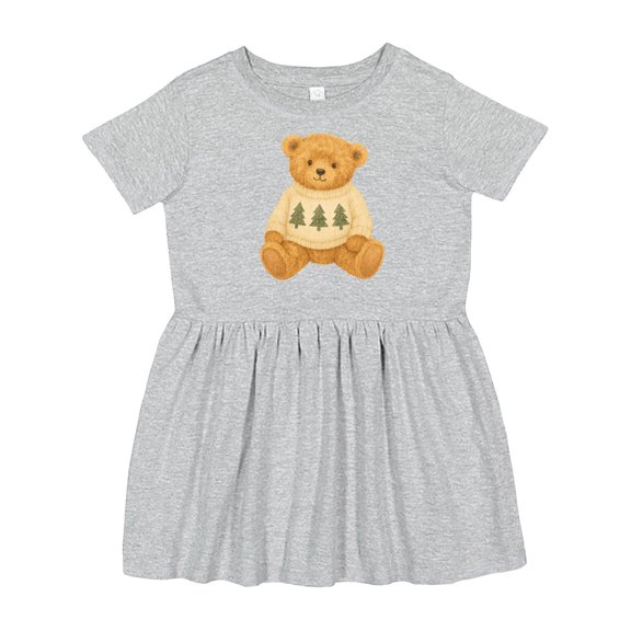Inktastic Vintage Teddy Bear in Sweater with Christmas Trees Girls Toddler Dress