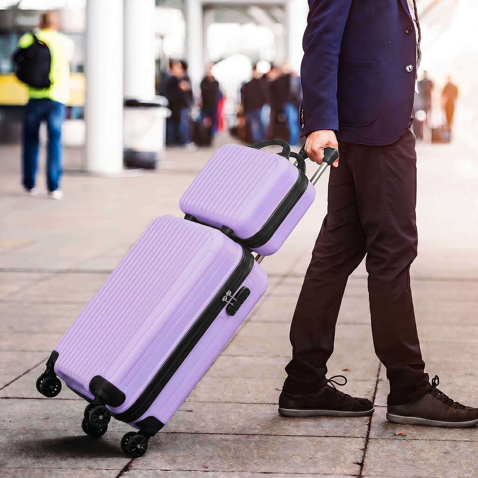 2 Piece Vertical Striped Luggage Set, Carry On Hardside Suitcase with Spinner Wheels & TSA Lock, Lightweight Travel Luggage with Cosmetic Case Purple