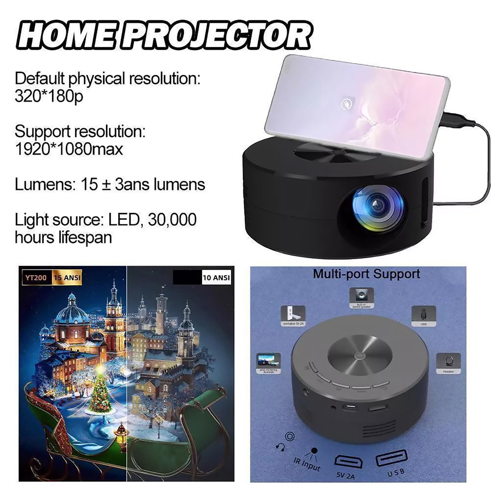 Portable LED Projector with LCD Display Supports 1080p, for Clear and Vibrant Projections for Travel