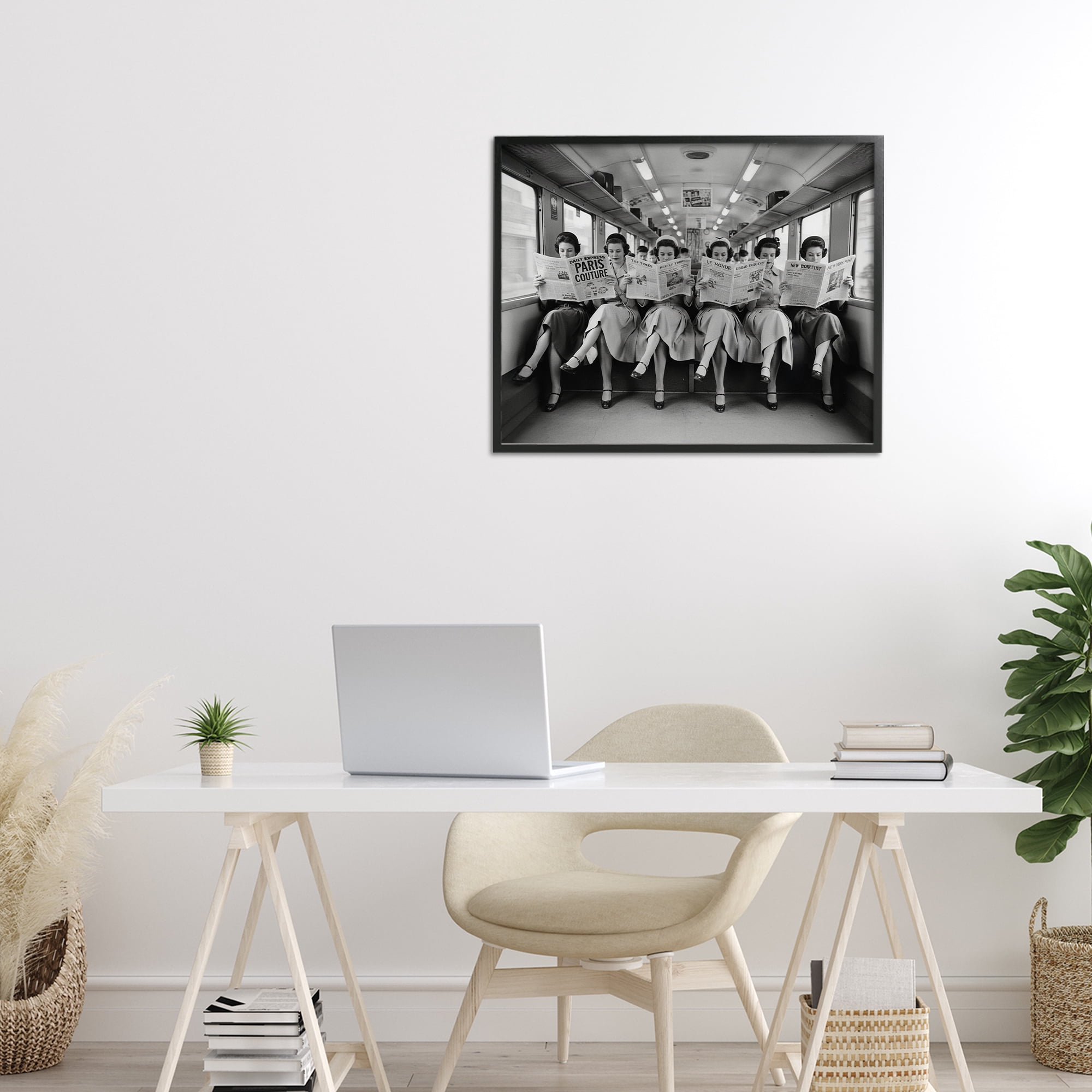 Stupell Industries Newsprint Ladies on Train Black Framed Giclee Art, design by A Barefoot Stylist