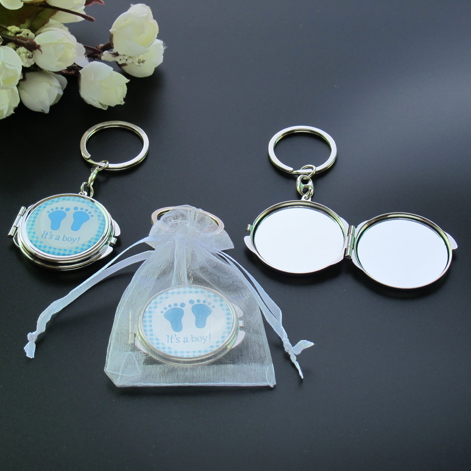 12 PCS Baby Shower Mini Compact Mirror Keychain Favor blue Footprint