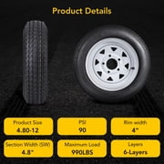 2PCS 4.80-12 Tire, 4.80x12 Lawn Mower & Tractor Turf Tire, 480 12 with Rim 5 Lug On 4.5, Load Capacity 990 Pounds