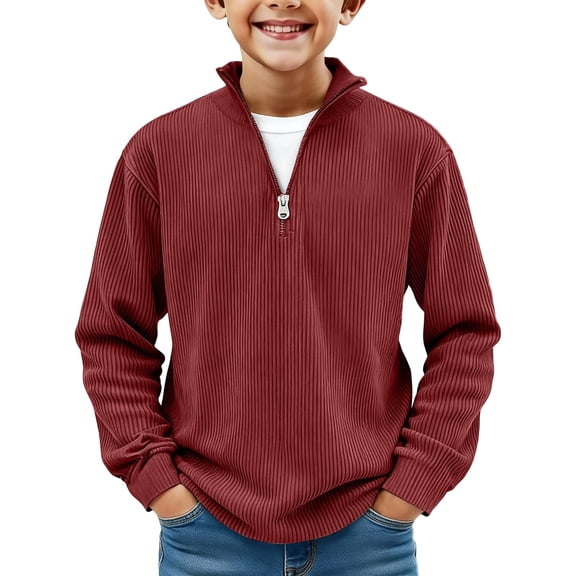 HAiming Boys Corduroy Tops Stand Collar Quarter Zip Long Sleeve Casual Solid Color Loose Pullvoer Blouse