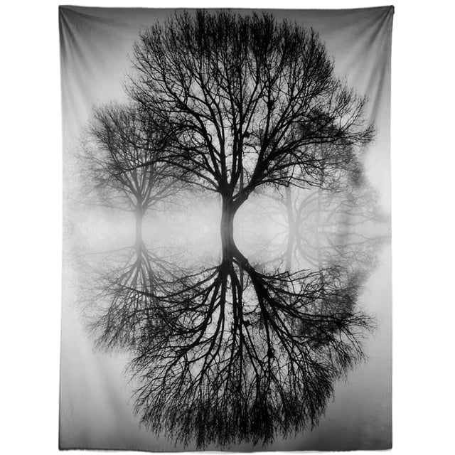 Tapiz para colgar en la pared con forma de árbol blanco y negro, 150 x 130 cm
