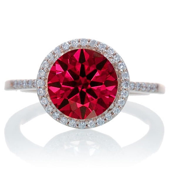 1.75 Carat Huge Ruby 6mm Round Cut And Moissanite Diamond Halo Classic Engagement Ring on 10k Rose Gold
