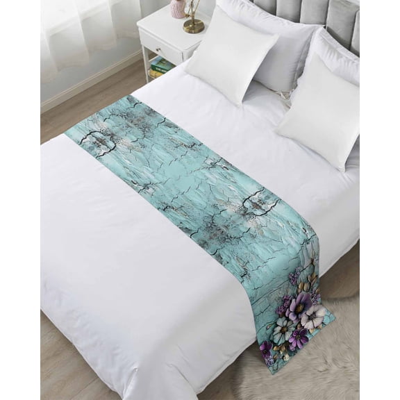 Bed Runner Scarf Queen Size, Retro Flower Stain Bed Runners & Scarves for Foot of Beds, Blue Walls Mottled Vintage Country Farm Decorative Bedding Runner Scarf for Hotel Home Bedroom