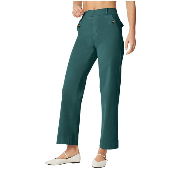 ZToonmas Solid High Waist Straight Cropped Jeans for Women Loose Wide Leg Ankle Denim Pants with Decor Pocket Buttons