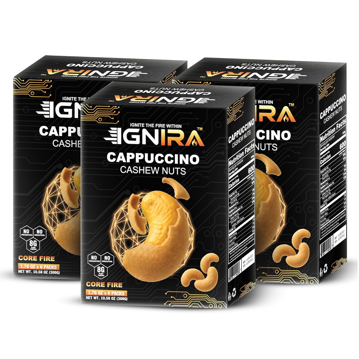(3 pack) IGNIRA Cappuccino Cashew Nuts Roasted Cashew Nuts with Cappuccino Flavor Coffee-Flavored Plant-Based Protein Snack No Cholesterol No Preservatives Core Fire Energy - Pack of 6 (1.76 oz/unit)