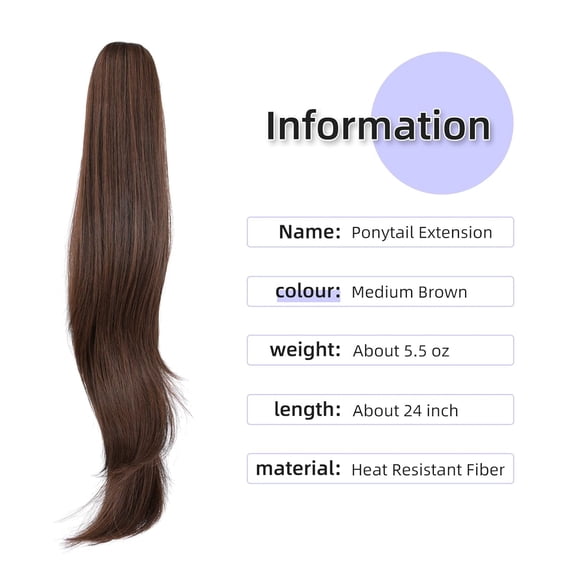 SHILIU-ponytail extension,24" claw clip hair extensions ponytail Long straight Hair Extension Natural Looking Synthetic Hairpiece for Women Medium Brown