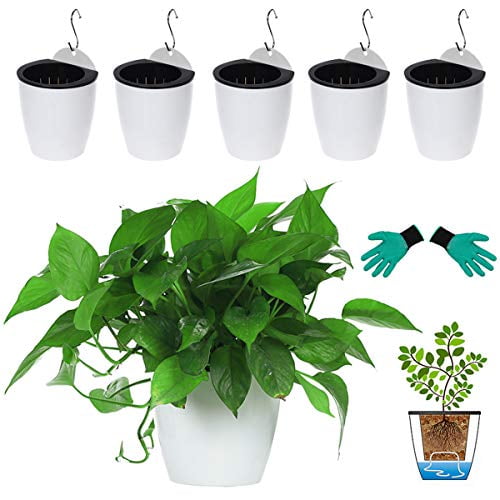 Self Watering Hanging Planters 7 Pack for Plants Flowers Indoor Outdoor Window Wall Plant Pots White Plastic Medium 5 Inch with Hooks by ShoppeWatch PL34