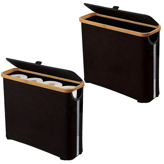 2 Pcs Toilet Paper Storage Basket, Extra Large Fabric Toilet Paper Holder Organizer with Wood Lid, 17.7 x 5.9 x 13.8 in / 45 x 15 x 35 cm, Foldable Toilet Paper Organizer for Bathroom
