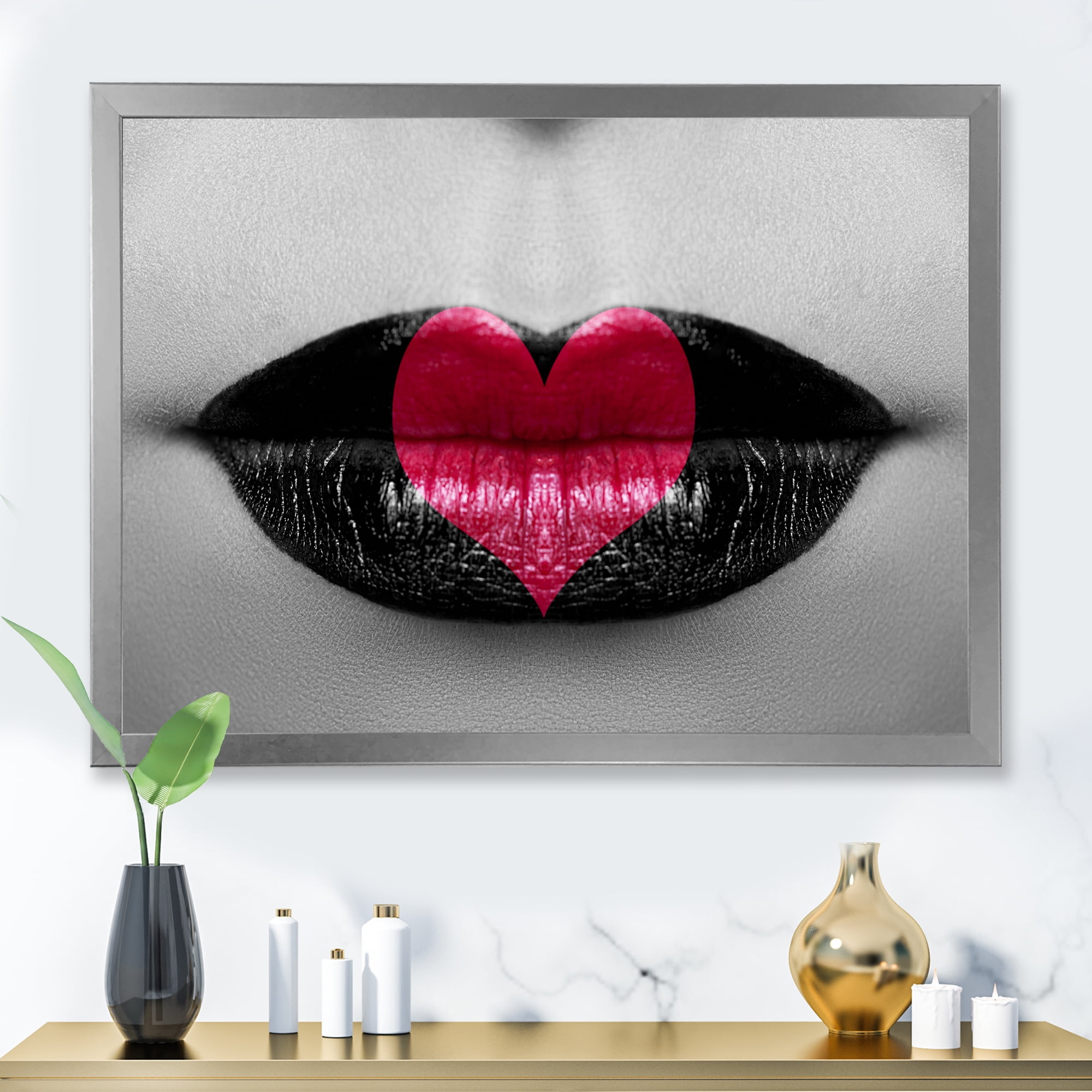 Designart 'Red Heart In Monochrome Lips' Modern Framed Art Print