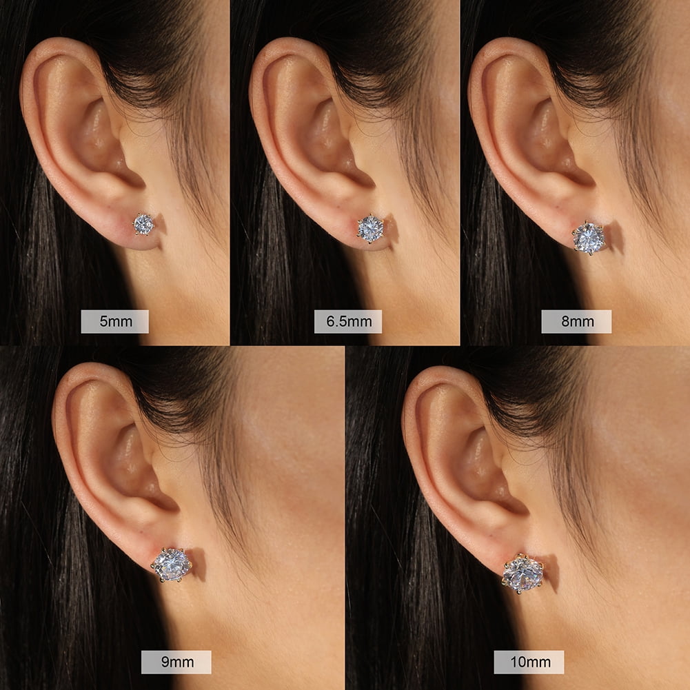 SFTING Cubic Zirconia Stud Earrings for Women Men Hypoallergenic 925 Sterling Silver Post Earrings 8A CZ 8*8 Round Cut 6-prong Setting Stud Earrings for Sensitive Ears