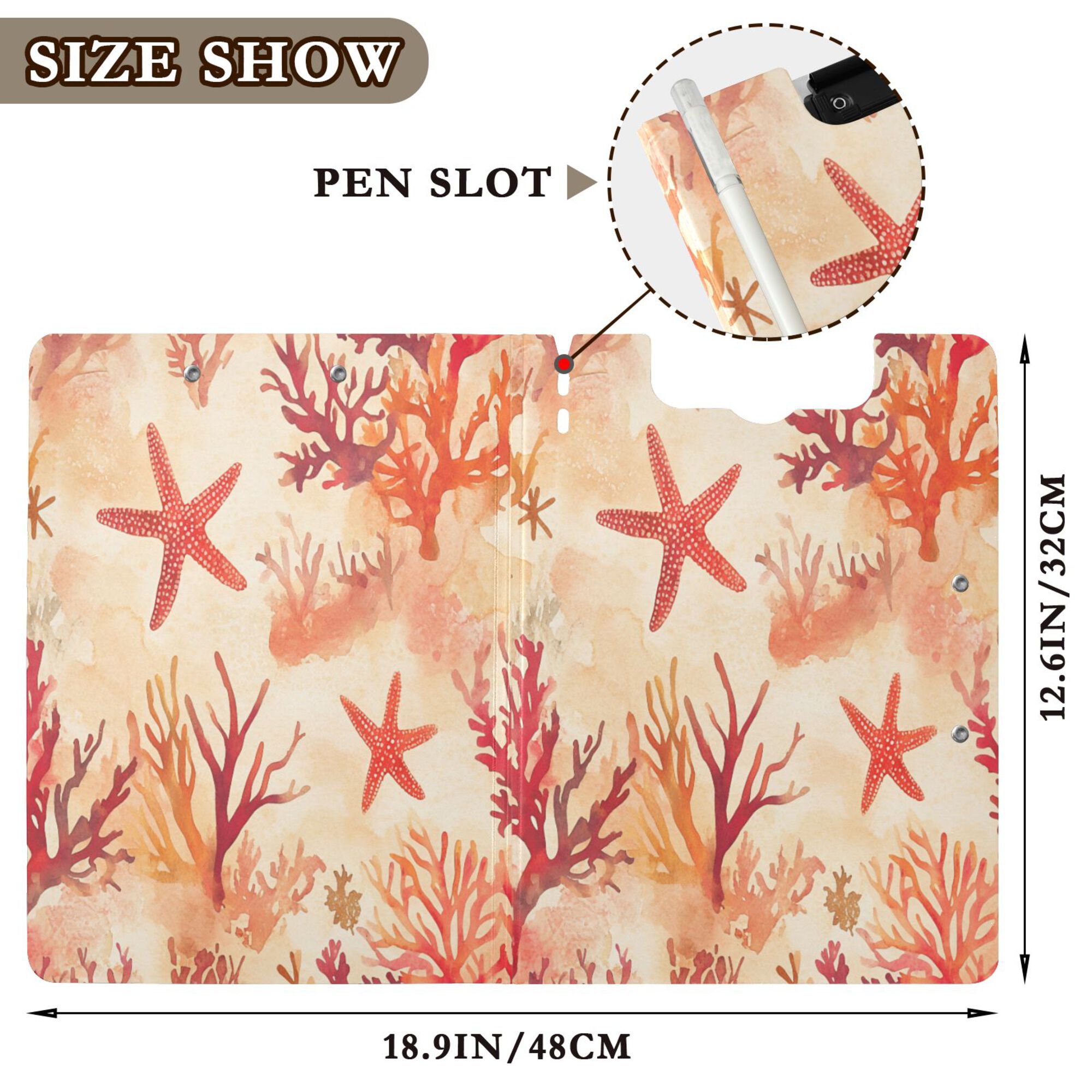 FORMRS A4 Clipboard Folder with Pen Holder Horizontal Foldable School Office Binder, Red Starfish