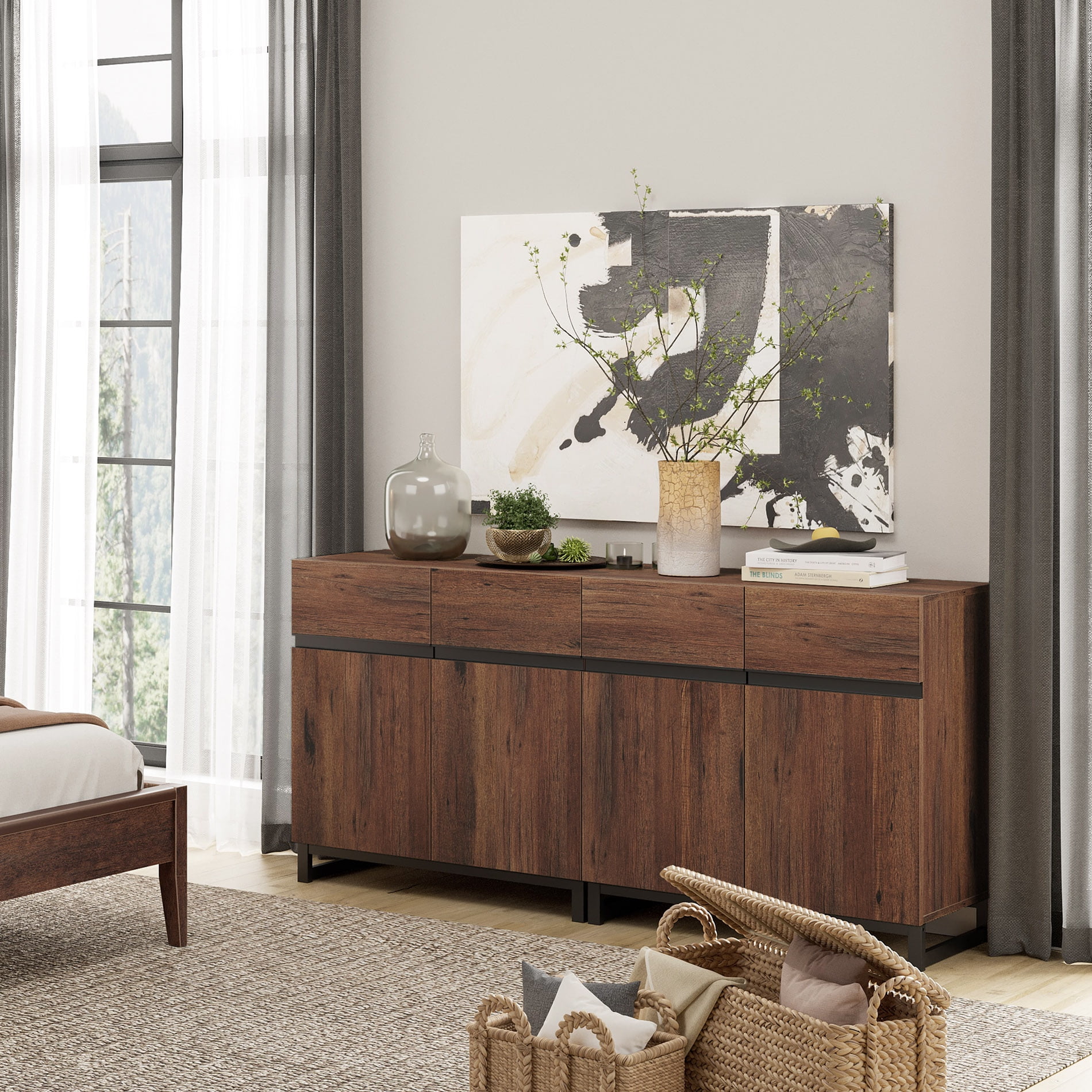 Storage Cabinet With Adjustable Shelf and Metal Base Walnut