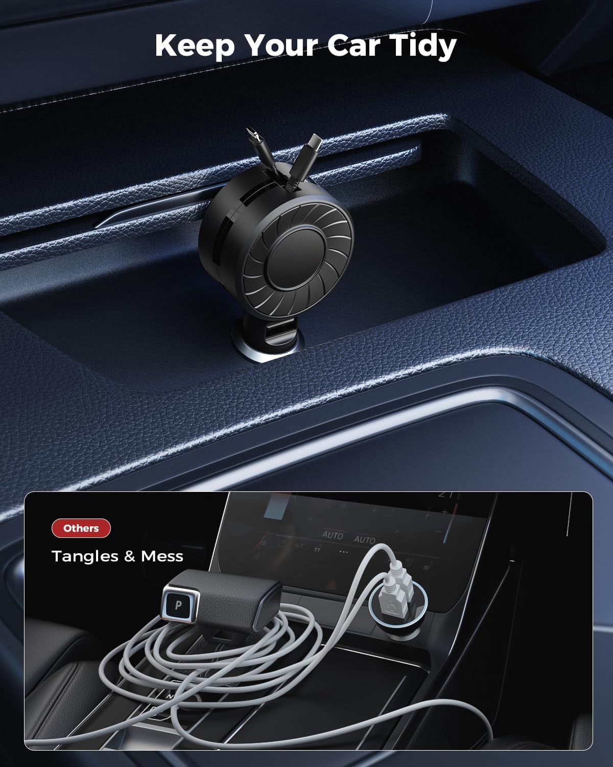 Wiher Retractable Fast Car Charger compatible for iPhone and Android with Dual Port USB C Cables 4-in-1 with Ports Adapter Car interior Accessories Black