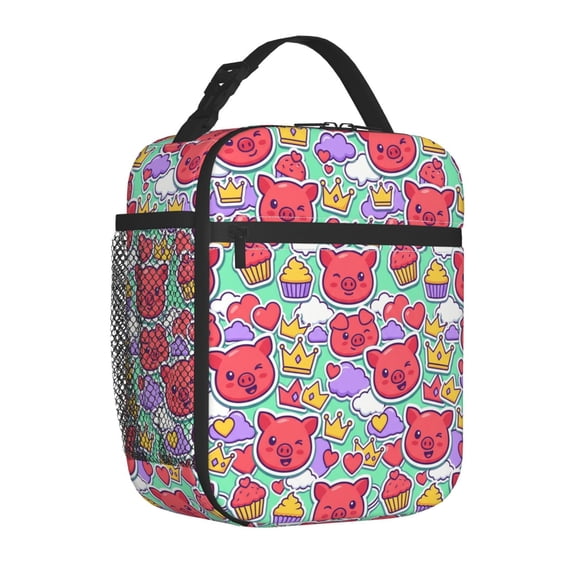 Pig Lunch Bag Insulated Reusable Cooler Tote Cute Cartoon Portable Meal Prep Bag Side Mesh Pocket Work Office Picnic