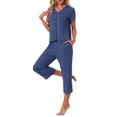 thumbnail image 4 of Conjunto de lounge para mujeres INSPIRE CHIC, camiseta de manga corta, pantalones largos, pantalones capri con cuello en V, conjunto de pijama con botones y bolsillo, talla XS, color navy, 4 of 6