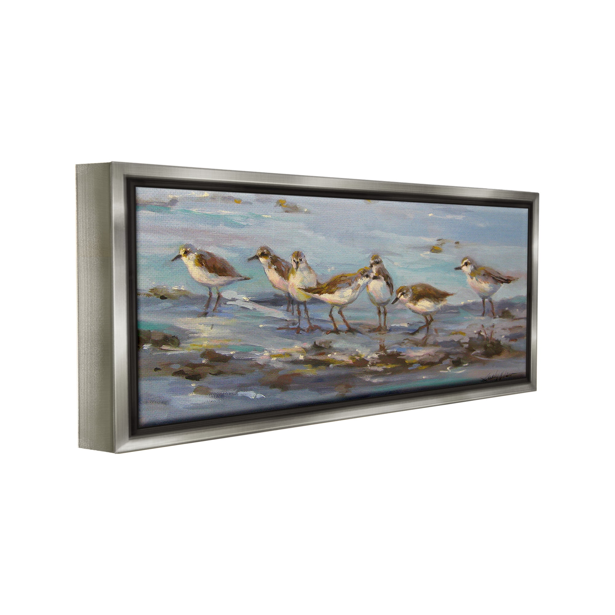 Stupell Industries Sandpiper Flock on Shore Animals & Insects Painting Gray Floater Framed Canvas Art Print Wall Art, 31 x 14