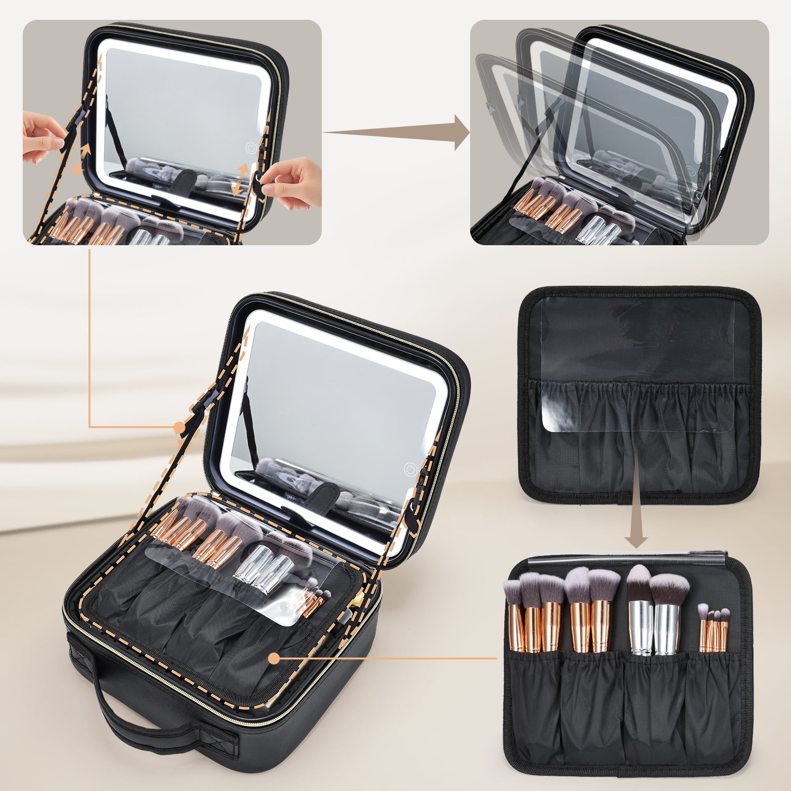 Portable Makeup Bag with LED Mirror Travel Makeup Case Large Cosmetic Train Case with Brush Holder