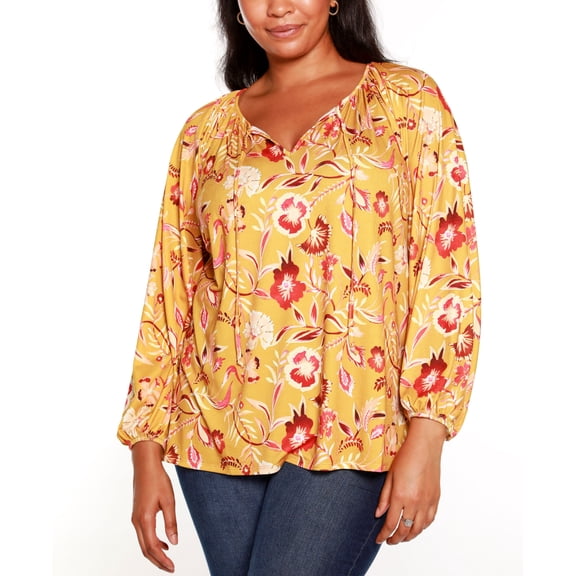 Belldini Black Label Plus Size Floral Peasant Top With Blouson Sleeves Honey Gold Tone Combo 3X