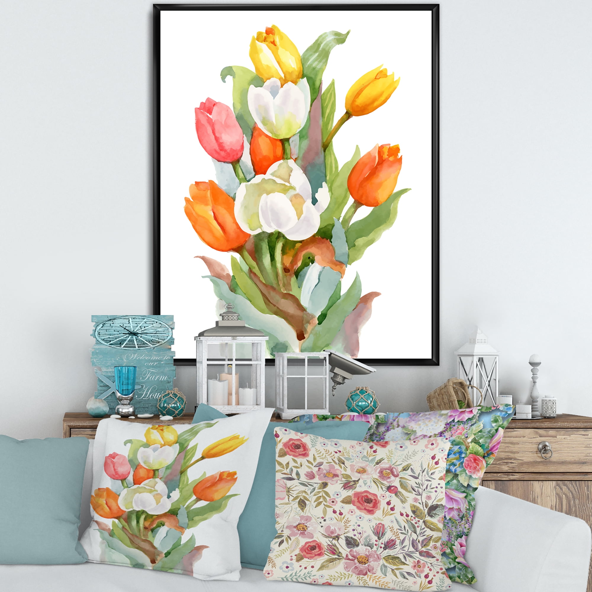 Designart 'Blooming Orange and White Tulips Flower' Traditional Framed Canvas Wall Art Print