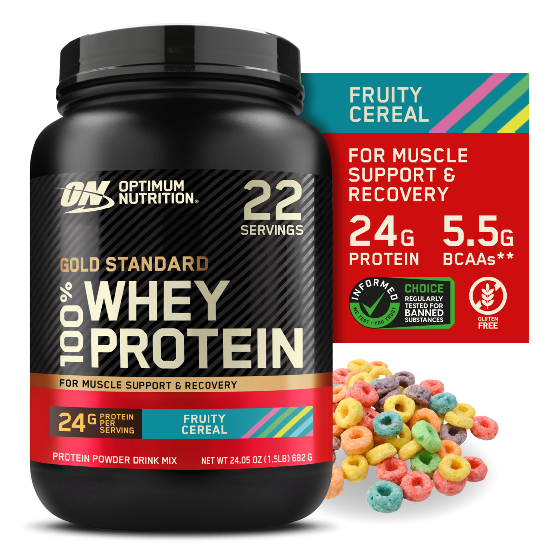Optimum Nutrition Gold Standard 100% Whey Protein Powder, Fruity Cereal, 1.5 lb Tub, 22 Servings