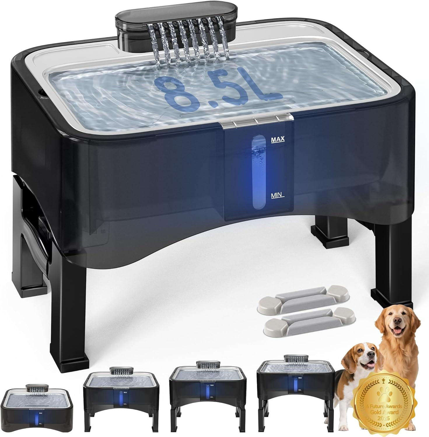 2.25Gal Elevated Dog Water Fountain, 4 Heights Adjustable Pet Fountain for All Dog Sizes, 304 Stainless Steel Tray Indoor Cat Drinking Dispenser with Ultra-Quiet Pump & 2 Replacement Filters