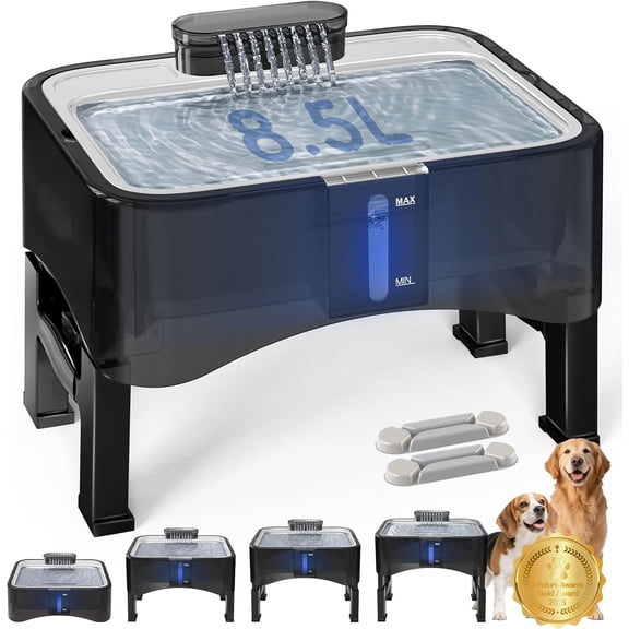 2.25Gal Elevated Dog Water Fountain, 4 Heights Adjustable Pet Fountain for All Dog Sizes, 304 Stainless Steel Tray Indoor Cat Drinking Dispenser with Ultra-Quiet Pump & 2 Replacement Filters