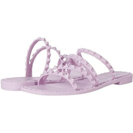 Steve Madden Skyler-J Lilac Leather Studded Strappy Slip On Square Toe Flat Sandal (8.5, Lilac)