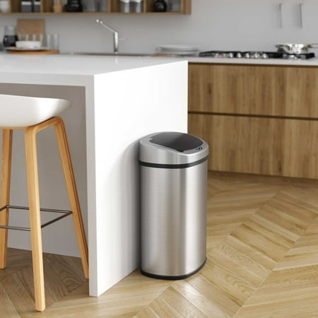 iTouchless - 13 Gallon Touchless Sensor Trash Can with AbsorbX Odor Control System, Stainless Steel Oval Shape Kitchen Bin - Silver