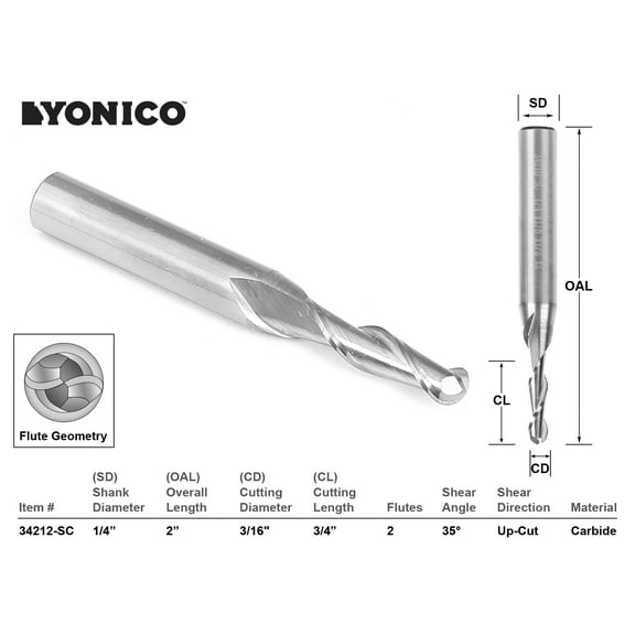 Yonico CNC Router Bit Ball Nose Solid Carbide 3/16" X 3/4" X 1/4" X 2" - 34212-SC