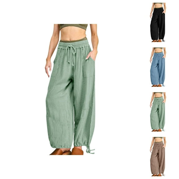 Women's Casual Pants Elastic Waist Drawstring Loose Fit Linen Trousers with Pockets for Everyday Wear