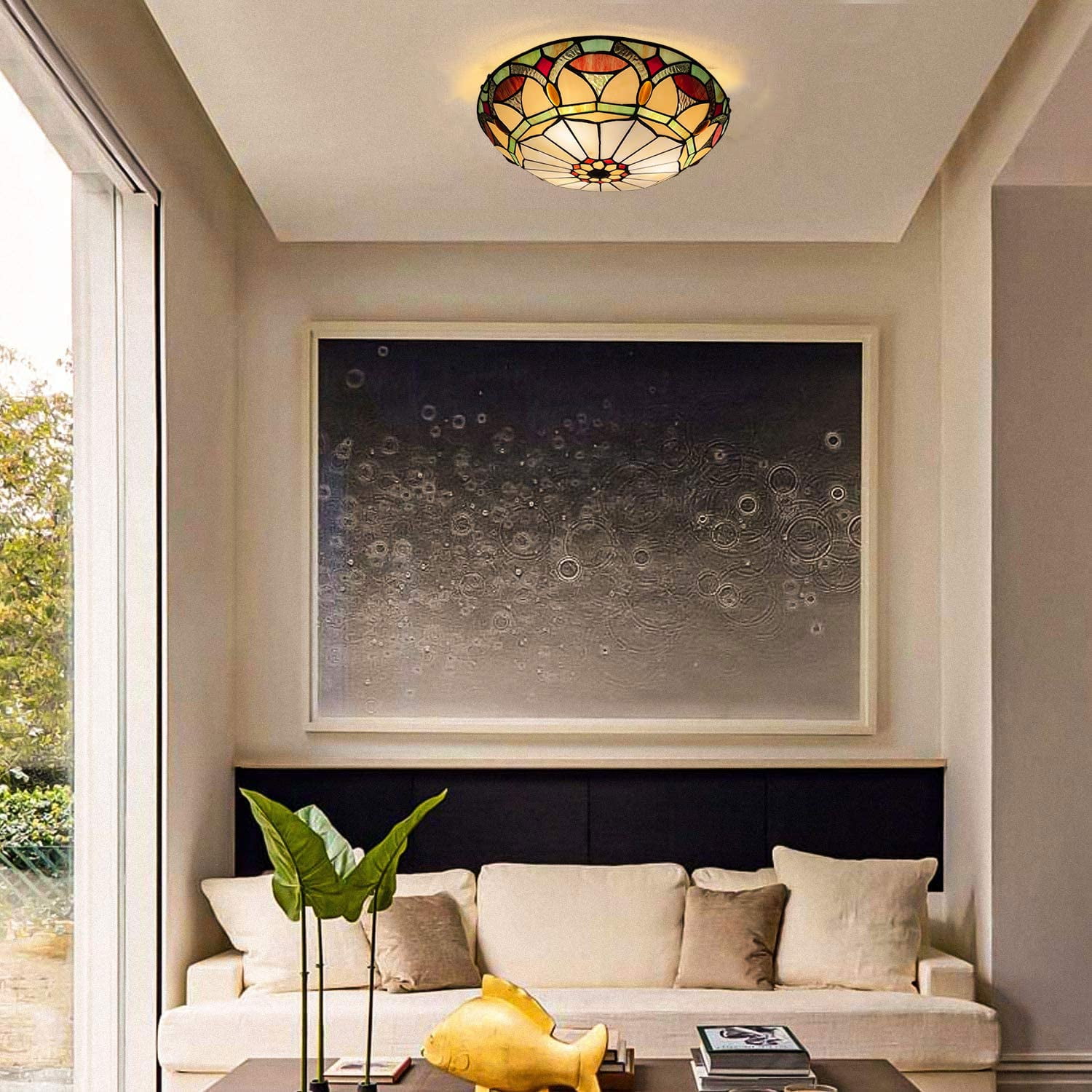 Vinplus Tiffany 3 Light Flush Mount Ceiling Light 16" White Finish with Tiffany Glass