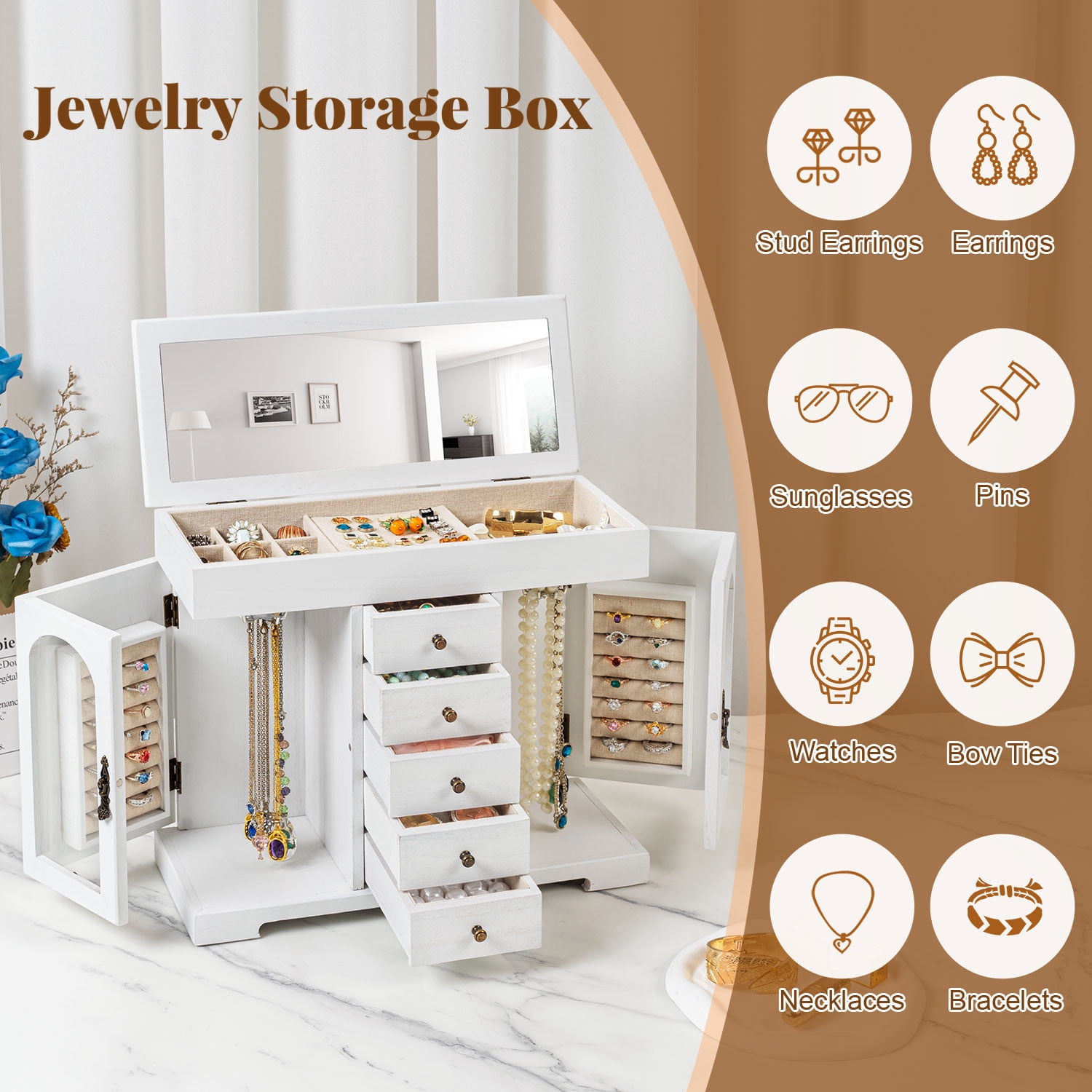 Jewelry Box for Women Girls, Wooden Jewelry Organizer Box with Mirror, 5 Layer Jewelry Storage Case White