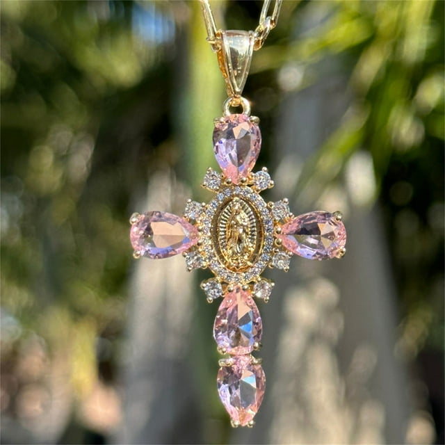 Collar de ópalo bañado en oro para mujer - Colgante de la Virgen María de circonia con cadena de 18-24 pulgadas, collar de clavícula de cobre, regalo de 10g para ella