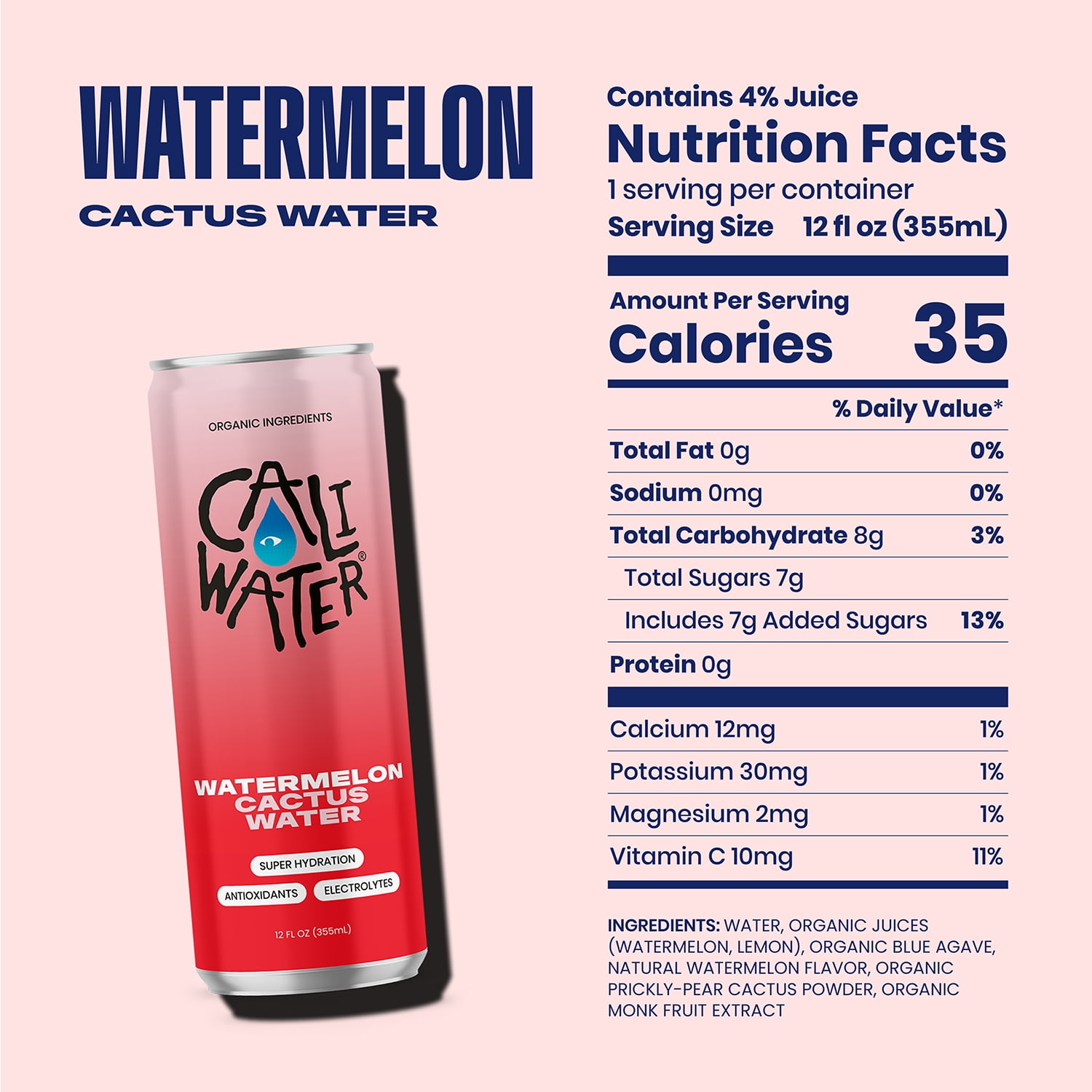 Caliwater Organic Cactus Water Watermelon, Coconut Water Alternative, Natural Plant Based Hydration, Skin Care, Electrolyte Drinks, Flavored Waters, 12-Pack 12oz/can 7g Sugar, 35 Calories