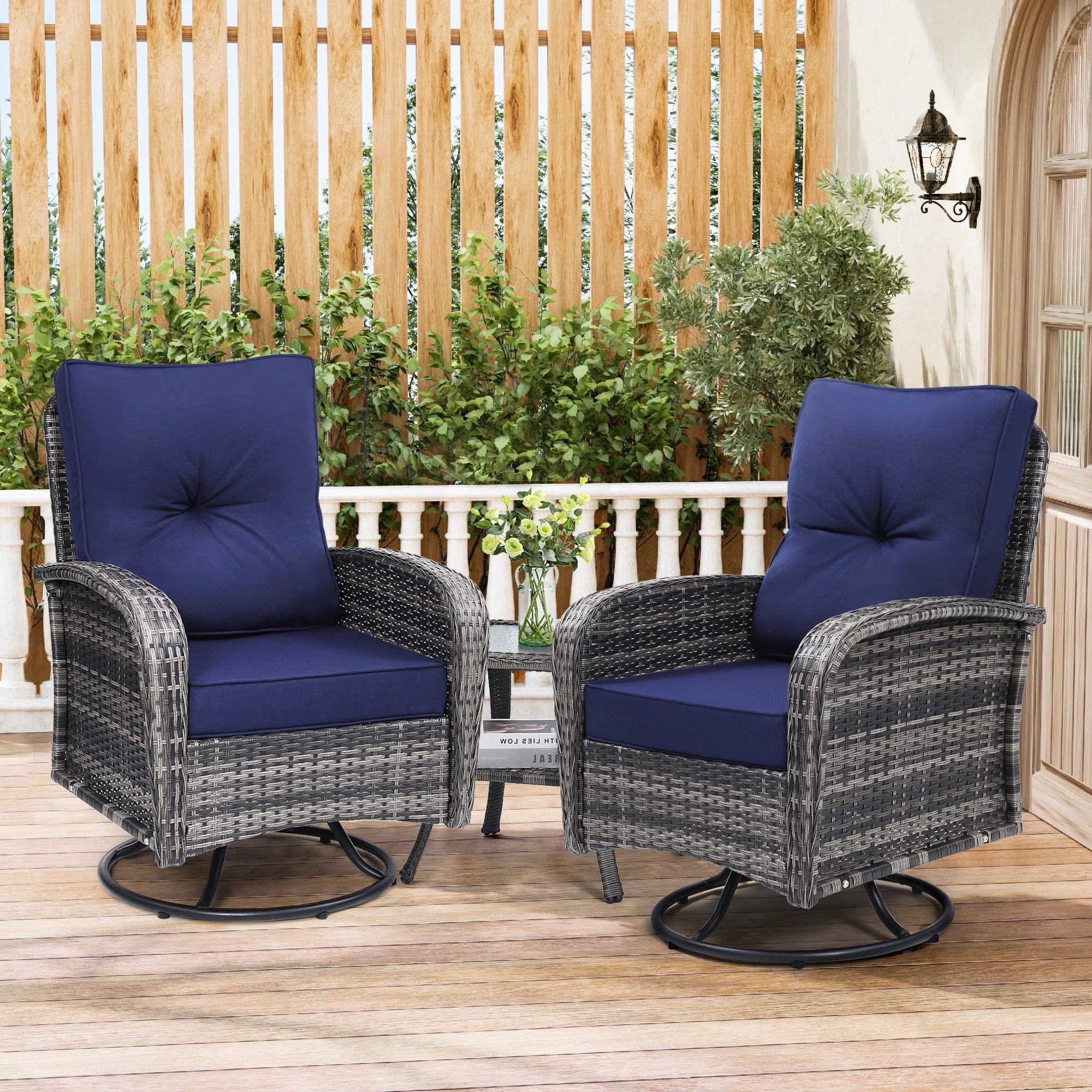 Melocadol Patio Wicker Glider Set, 2 Swivel Chairs with Matching Table, Comfy Washable Seat Cushions, Premium Outdoor Furniture for Garden, Balcony, Grey Rattan， Blue Cushion