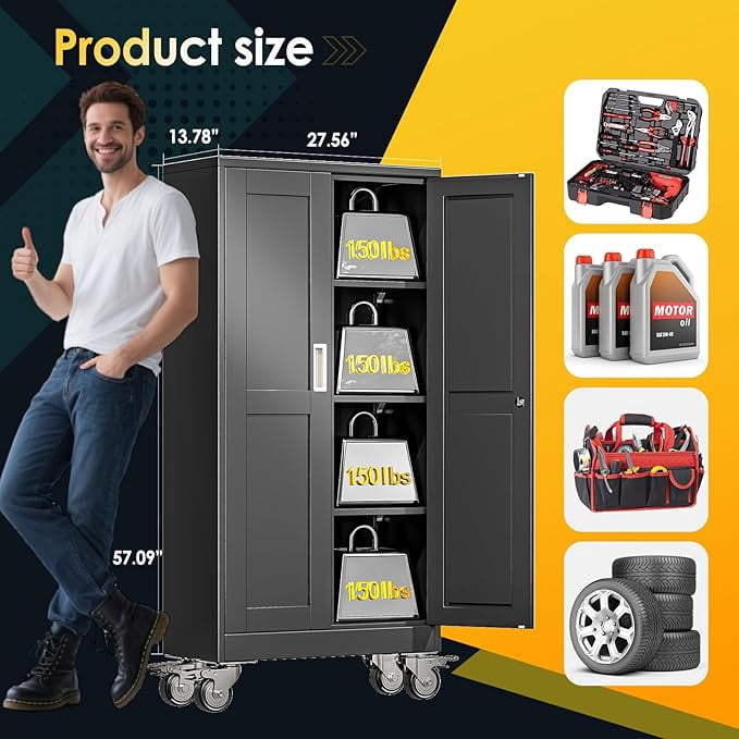 Erosoei 61"H Metal Garage Storage Cabinet with Wheels, Tool Storage Cabinet with 3 Adjustable Shelves