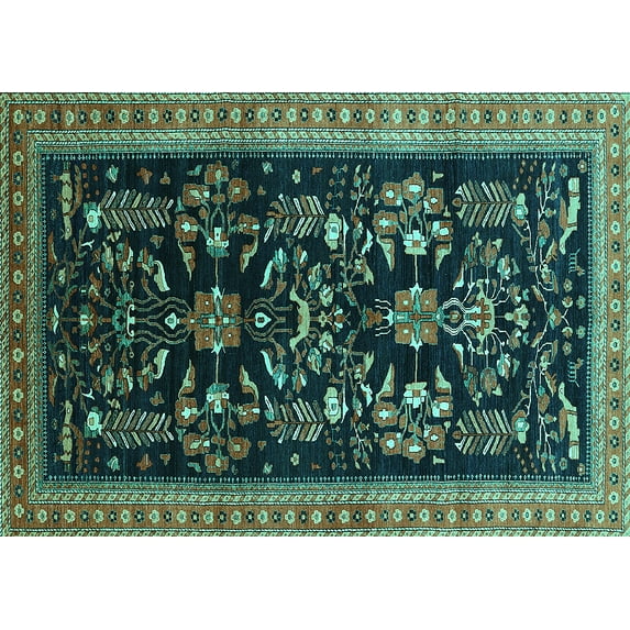 Ahgly Company Machine Washable Indoor Rectangle Oriental Turquoise Blue Industrial Area Rugs, 3' x 5'
