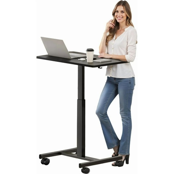 Mobile Small Standing Rolling Desk Adjustable Height, Portable Laptop Desk on Wheels, Workstation for Home Office with Hook, Black