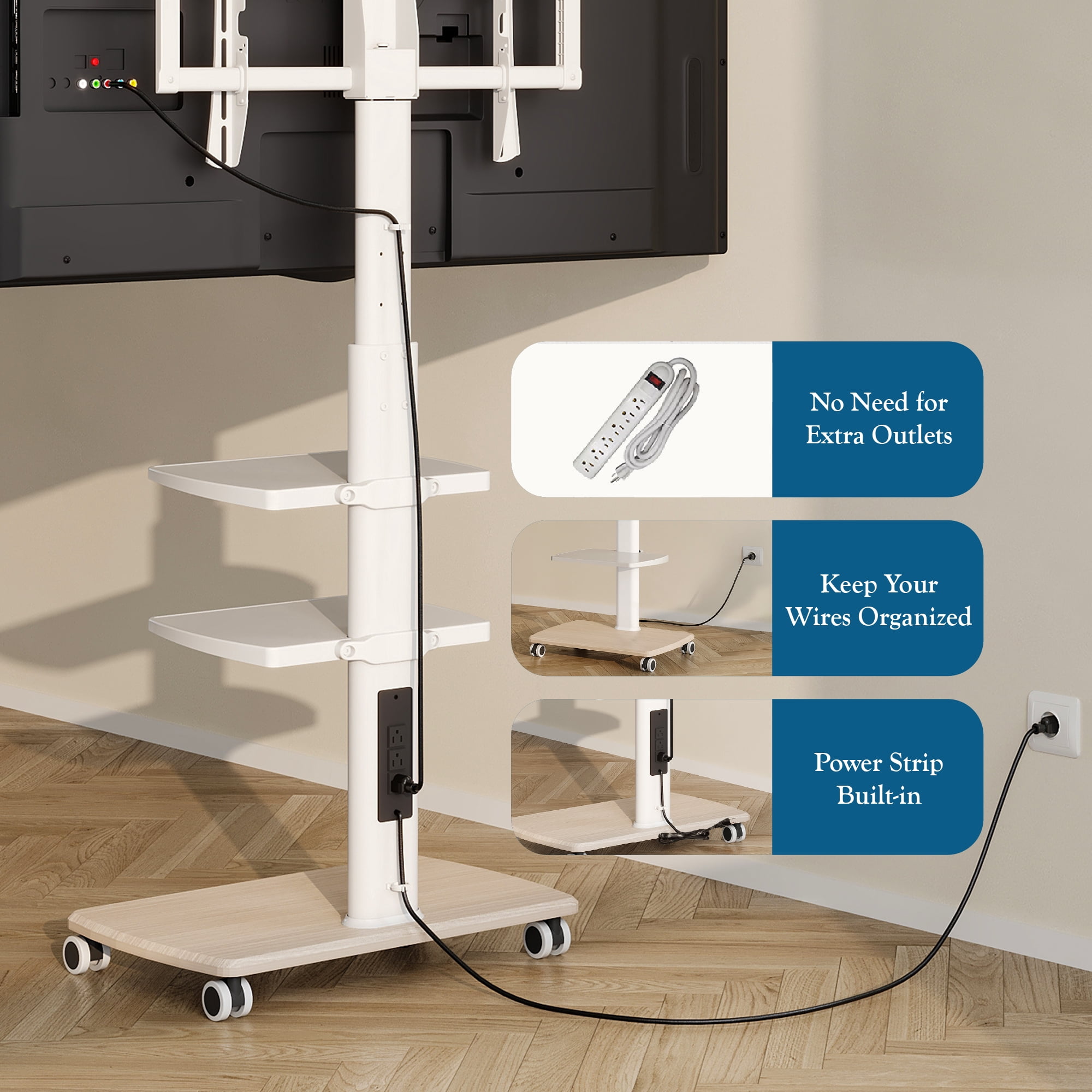 FITUEYES Modern Rolling TV Stand with Wheels for 32 - 65 inch TVs,Mobile TV Stand with Power Outlets and Two Shelf,Hold up to 88 lbs,White