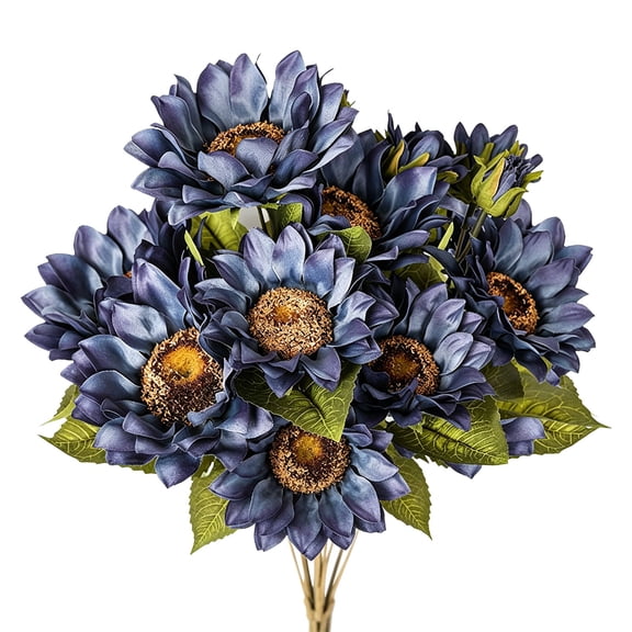 1 Pc 19" Artificial Sunflowers Bouquet, 9 Stems 7 Heads Silk Fall Flowers Bunch for Farmhouse Table Centerpiece Vase Filler, Dusty Navy Blue