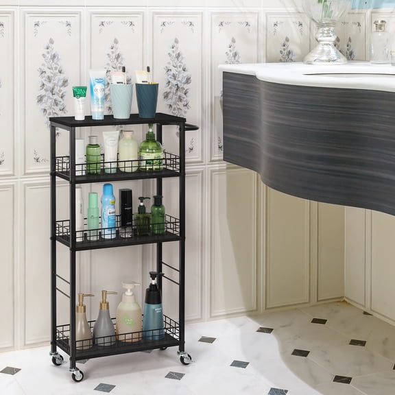 Slim Storage Cart 4 Tier Narrow Rolling Cart on Wheels Mobile Kitchen Narrow Cart with Wooden Tabletop Black