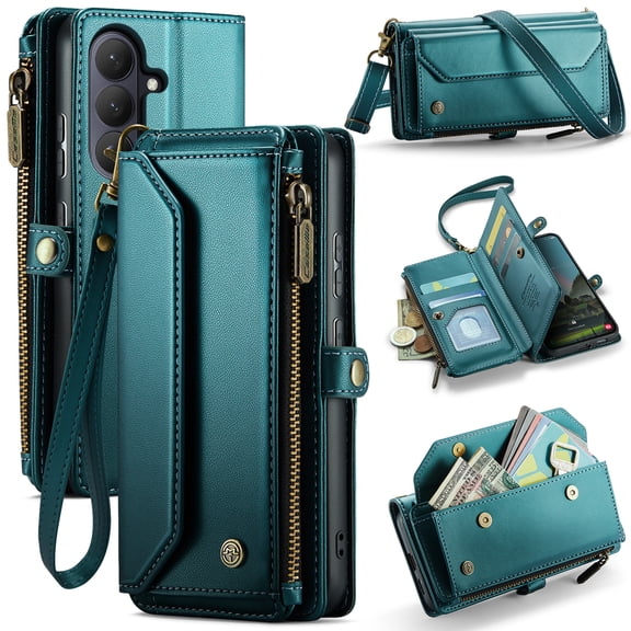 for Samsung Galaxy S26 Plus Full Body Protection Wallet Folio Flip Case, Shoulder Strap & Wristlet Card Slots Zipper Pocket RFID Blocking Rugged Durable PU Leather Phone Case Cover, Green