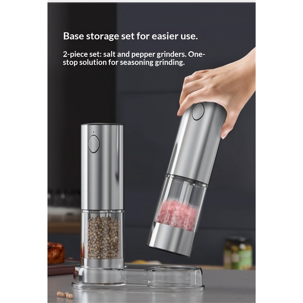 Upgraded Larger Capacity Electric Salt and Pepper Grinder Set, 95ml Rechargeable Salt and Pepper Shaker with LED light, Stainless Steel Automatic Pepper Mill with Adjustable Coarseness