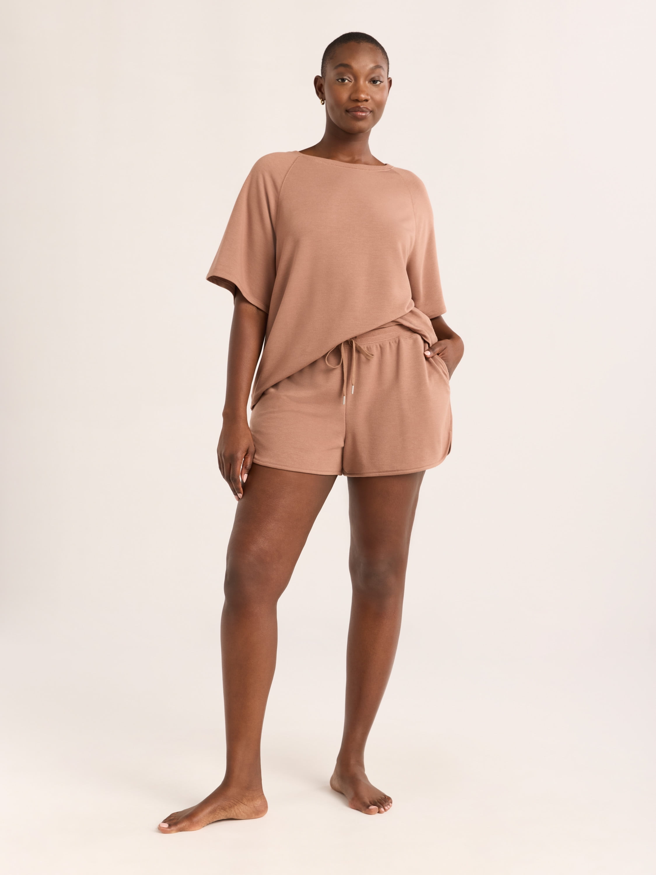 Women's French Terry Short Sleeve Top and Shorts Set, 2-Piece, Sizes XS-3X